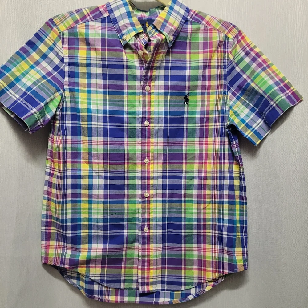 Ralph Lauren Boys Short Sleeve Button Down Yellow Blue Green Plaid Medium 10-12